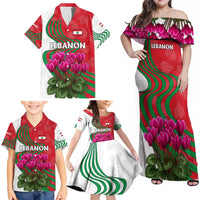 Lebanon Cyclamen Flower Family Matching Off Shoulder Maxi Dress and Hawaiian Shirt with Patriotic Colors and Inspirational Quote