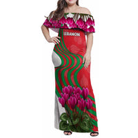 Lebanon Cyclamen Flower Family Matching Off Shoulder Maxi Dress and Hawaiian Shirt with Patriotic Colors and Inspirational Quote
