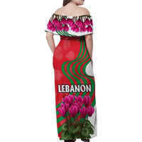 Lebanon Cyclamen Flower Family Matching Off Shoulder Maxi Dress and Hawaiian Shirt with Patriotic Colors and Inspirational Quote