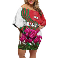 Lebanon Cyclamen Flower Family Matching Off Shoulder Short Dress and Hawaiian Shirt with Patriotic Colors and Inspirational Quote