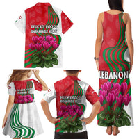 Lebanon Cyclamen Flower Family Matching Tank Maxi Dress and Hawaiian Shirt with Patriotic Colors and Inspirational Quote