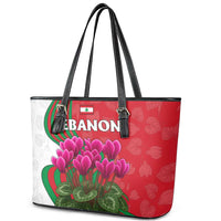 Lebanon Cyclamen Flower Leather Tote Bag with Patriotic Colors and Inspirational Quote