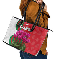 Lebanon Cyclamen Flower Leather Tote Bag with Patriotic Colors and Inspirational Quote