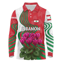 Lebanon Cyclamen Flower Long Sleeve Polo Shirt with Patriotic Colors and Inspirational Quote