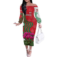 Lebanon Cyclamen Flower Off The Shoulder Long Sleeve Dress with Patriotic Colors and Inspirational Quote