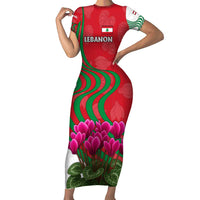 Lebanon Cyclamen Flower Short Sleeve Bodycon Dress with Patriotic Colors and Inspirational Quote