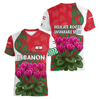 Lebanon Cyclamen Flower Women V-Neck T-Shirt with Patriotic Colors and Inspirational Quote