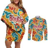 Bhutan Dragon Couples Matching Off Shoulder Short Dress and Long Sleeve Button Shirt with Traditional Cloud Motif in Vibrant Himalayan Colors