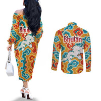 Bhutan Dragon Couples Matching Off The Shoulder Long Sleeve Dress and Long Sleeve Button Shirt with Traditional Cloud Motif in Vibrant Himalayan Colors