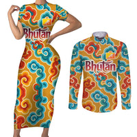 Bhutan Dragon Couples Matching Short Sleeve Bodycon Dress and Long Sleeve Button Shirt with Traditional Cloud Motif in Vibrant Himalayan Colors