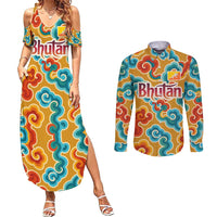Bhutan Dragon Couples Matching Summer Maxi Dress and Long Sleeve Button Shirt with Traditional Cloud Motif in Vibrant Himalayan Colors