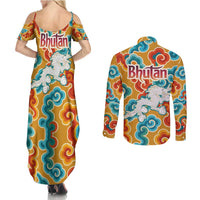 Bhutan Dragon Couples Matching Summer Maxi Dress and Long Sleeve Button Shirt with Traditional Cloud Motif in Vibrant Himalayan Colors
