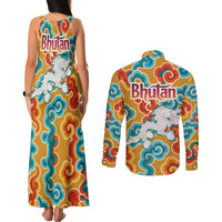 Bhutan Dragon Couples Matching Tank Maxi Dress and Long Sleeve Button Shirt with Traditional Cloud Motif in Vibrant Himalayan Colors