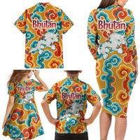 Bhutan Dragon Family Matching Long Sleeve Bodycon Dress and Hawaiian Shirt with Traditional Cloud Motif in Vibrant Himalayan Colors