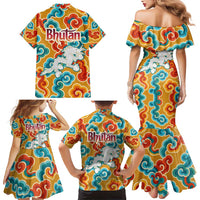 Bhutan Dragon Family Matching Mermaid Dress and Hawaiian Shirt with Traditional Cloud Motif in Vibrant Himalayan Colors