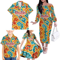 Bhutan Dragon Family Matching Off The Shoulder Long Sleeve Dress and Hawaiian Shirt with Traditional Cloud Motif in Vibrant Himalayan Colors