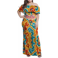 Bhutan Dragon Family Matching Off Shoulder Maxi Dress and Hawaiian Shirt with Traditional Cloud Motif in Vibrant Himalayan Colors
