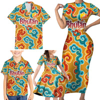 Bhutan Dragon Family Matching Short Sleeve Bodycon Dress and Hawaiian Shirt with Traditional Cloud Motif in Vibrant Himalayan Colors
