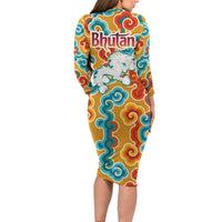 Bhutan Dragon Long Sleeve Bodycon Dress with Traditional Cloud Motif in Vibrant Himalayan Colors