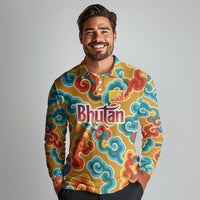 Bhutan Dragon Long Sleeve Polo Shirt with Traditional Cloud Motif in Vibrant Himalayan Colors