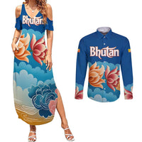 Bhutan Lotus Blossom Couples Matching Summer Maxi Dress and Long Sleeve Button Shirt with White Dragon and Sacred Cloud Harmony