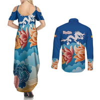 Bhutan Lotus Blossom Couples Matching Summer Maxi Dress and Long Sleeve Button Shirt with White Dragon and Sacred Cloud Harmony