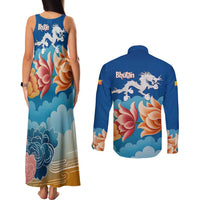 Bhutan Lotus Blossom Couples Matching Tank Maxi Dress and Long Sleeve Button Shirt with White Dragon and Sacred Cloud Harmony