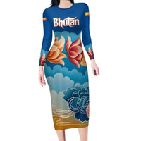 Bhutan Lotus Blossom Family Matching Long Sleeve Bodycon Dress and Hawaiian Shirt with White Dragon and Sacred Cloud Harmony
