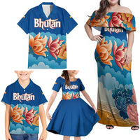 Bhutan Lotus Blossom Family Matching Off Shoulder Maxi Dress and Hawaiian Shirt with White Dragon and Sacred Cloud Harmony