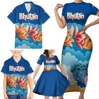 Bhutan Lotus Blossom Family Matching Short Sleeve Bodycon Dress and Hawaiian Shirt with White Dragon and Sacred Cloud Harmony
