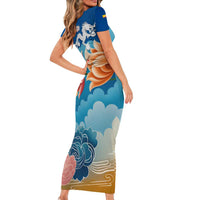 Bhutan Lotus Blossom Family Matching Short Sleeve Bodycon Dress and Hawaiian Shirt with White Dragon and Sacred Cloud Harmony