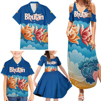Bhutan Lotus Blossom Family Matching Summer Maxi Dress and Hawaiian Shirt with White Dragon and Sacred Cloud Harmony