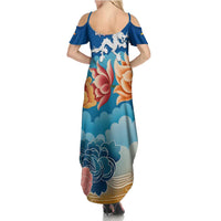 Bhutan Lotus Blossom Family Matching Summer Maxi Dress and Hawaiian Shirt with White Dragon and Sacred Cloud Harmony