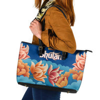 Bhutan Lotus Blossom Leather Tote Bag with White Dragon and Sacred Cloud Harmony