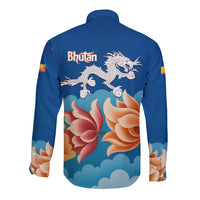 Bhutan Lotus Blossom Long Sleeve Button Shirt with White Dragon and Sacred Cloud Harmony