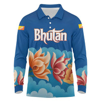 Bhutan Lotus Blossom Long Sleeve Polo Shirt with White Dragon and Sacred Cloud Harmony