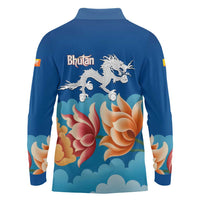Bhutan Lotus Blossom Long Sleeve Polo Shirt with White Dragon and Sacred Cloud Harmony