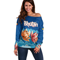 Bhutan Lotus Blossom Off Shoulder Sweater with White Dragon and Sacred Cloud Harmony