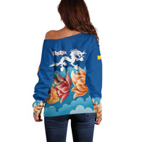 Bhutan Lotus Blossom Off Shoulder Sweater with White Dragon and Sacred Cloud Harmony