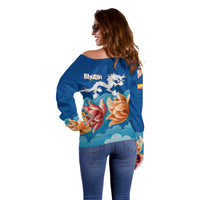 Bhutan Lotus Blossom Off Shoulder Sweater with White Dragon and Sacred Cloud Harmony