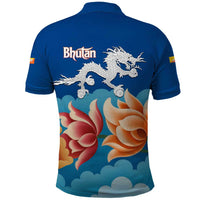 Bhutan Lotus Blossom Polo Shirt with White Dragon and Sacred Cloud Harmony