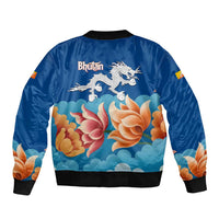 Bhutan Lotus Blossom Sleeve Zip Bomber Jacket with White Dragon and Sacred Cloud Harmony