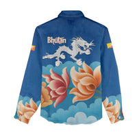 Bhutan Lotus Blossom Women Casual Shirt with White Dragon and Sacred Cloud Harmony