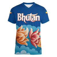 Bhutan Lotus Blossom Women V-Neck T-Shirt with White Dragon and Sacred Cloud Harmony