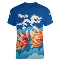 Bhutan Lotus Blossom Women V-Neck T-Shirt with White Dragon and Sacred Cloud Harmony