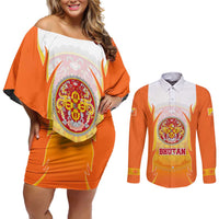Bhutan Mandala Emblem Couples Matching Off Shoulder Short Dress and Long Sleeve Button Shirt with Monastic Orange and Spiritual Harmony
