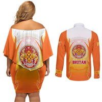 Bhutan Mandala Emblem Couples Matching Off Shoulder Short Dress and Long Sleeve Button Shirt with Monastic Orange and Spiritual Harmony