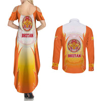 Bhutan Mandala Emblem Couples Matching Summer Maxi Dress and Long Sleeve Button Shirt with Monastic Orange and Spiritual Harmony