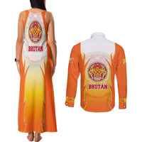 Bhutan Mandala Emblem Couples Matching Tank Maxi Dress and Long Sleeve Button Shirt with Monastic Orange and Spiritual Harmony