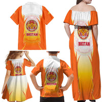 Bhutan Mandala Emblem Family Matching Off Shoulder Maxi Dress and Hawaiian Shirt with Monastic Orange and Spiritual Harmony